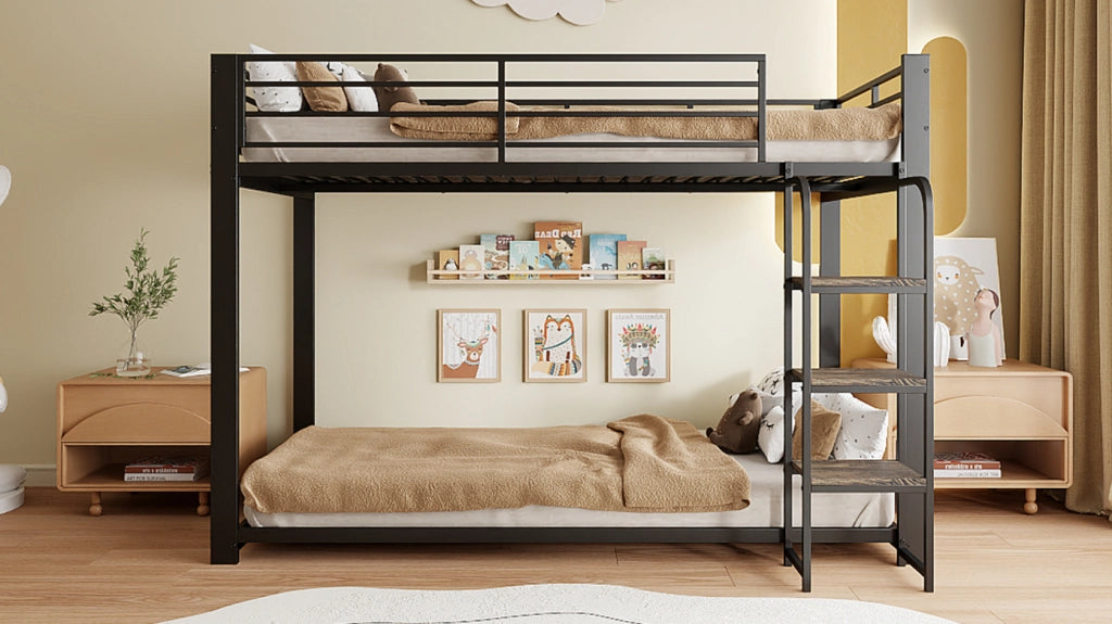 Letto a castello 90 × 200 cm con scale ampie e ripiano, per bambini e ragazzi, senza materasso, nero