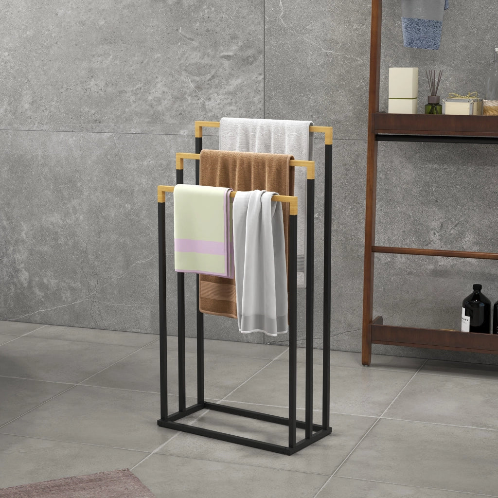 PORTASALVANETTE A 3 LIVELLI 45x22,5x86 cm Nero in acciaio e bambù