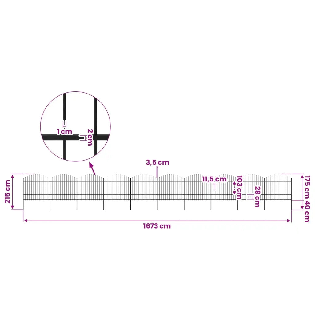 Recinzione da Giardino con Punta a Lancia in Acciaio 1673x175 cm Nero 277748