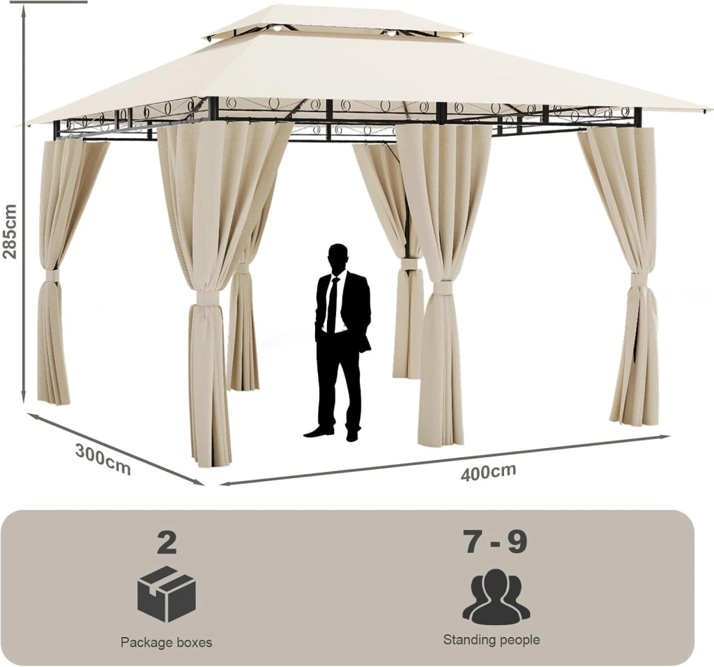 Gazebo da Giardino 3x4,Telo Gazebo 3x4 Impermeabile,Gazebo Esterno Resistente,Telaio in Metallo, Gazebos,Beige