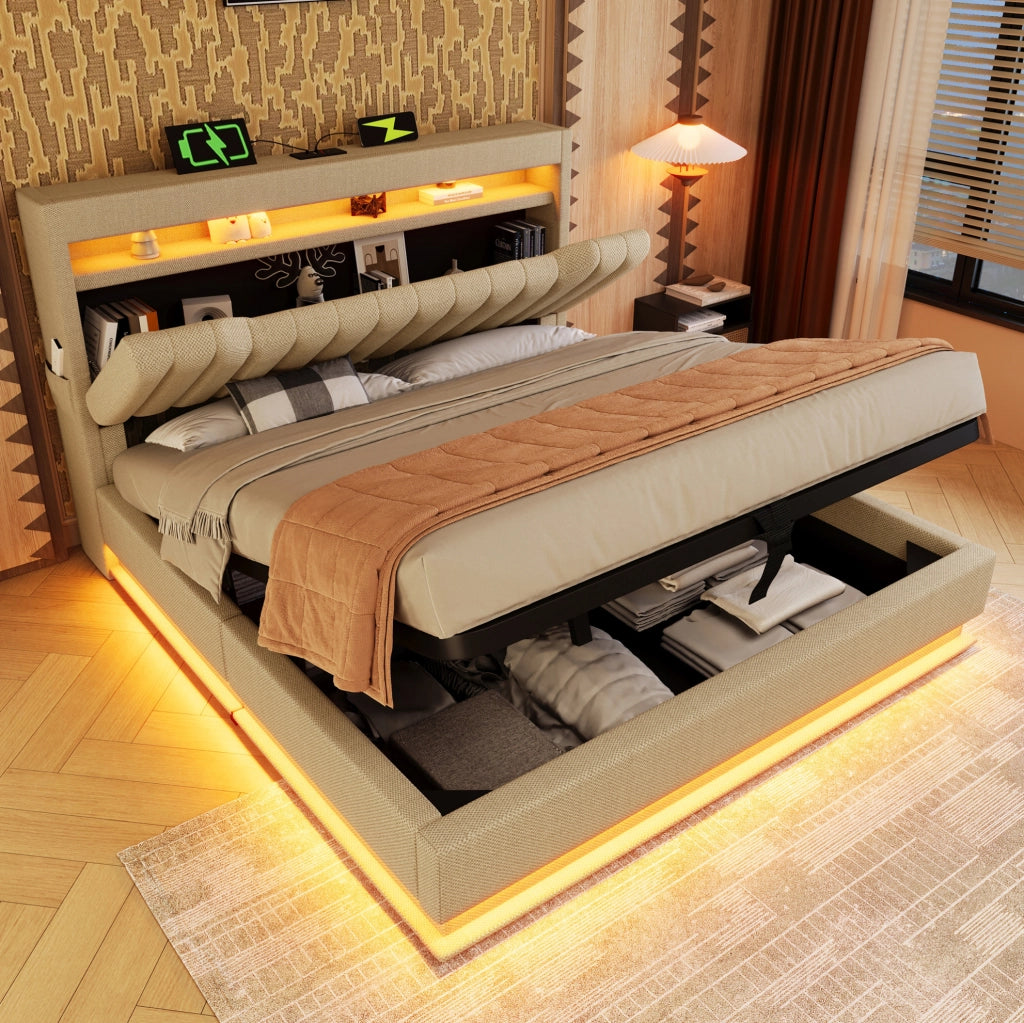 Letto matrimoniale 160x200 cm in lino beige con LED; USB e vano contenitore idraulico
