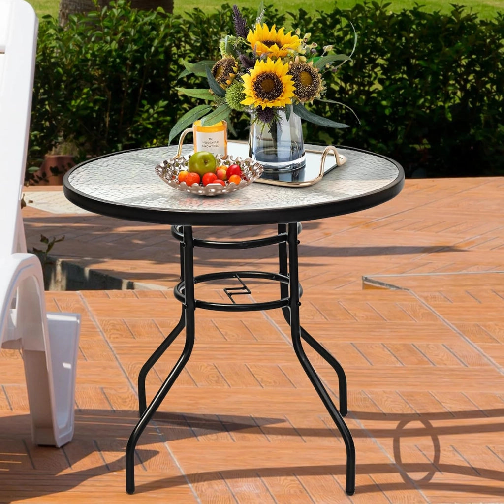 Tavolo da giardino rotondo φ80 cm, tavolo da bistrot in metallo e vetro, tavolo da balcone con foro per portaombrelli, tavolino da caffè in vetro, resistente alle intemperie, per interni ed