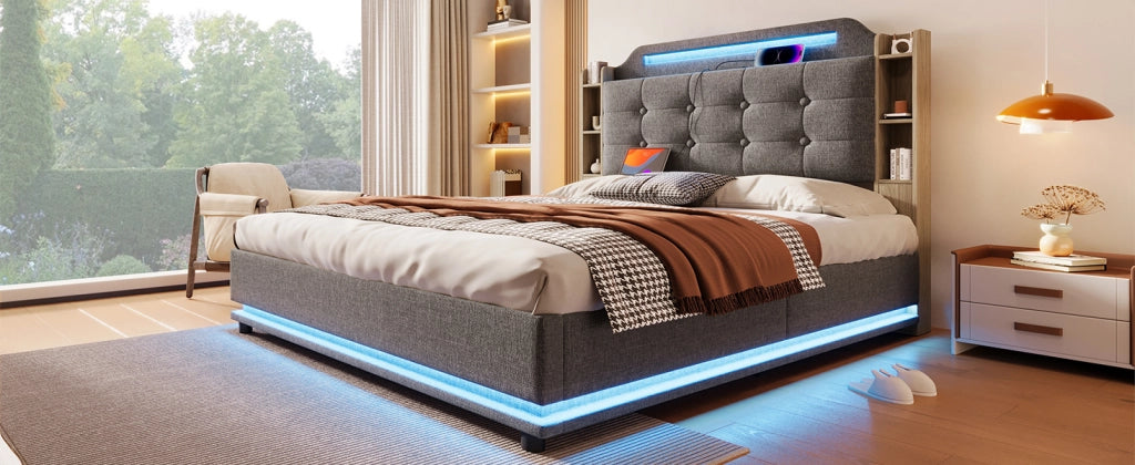 Letto imbottito 140x200 cm con contenitore idraulico e striscia LED; lino grigio