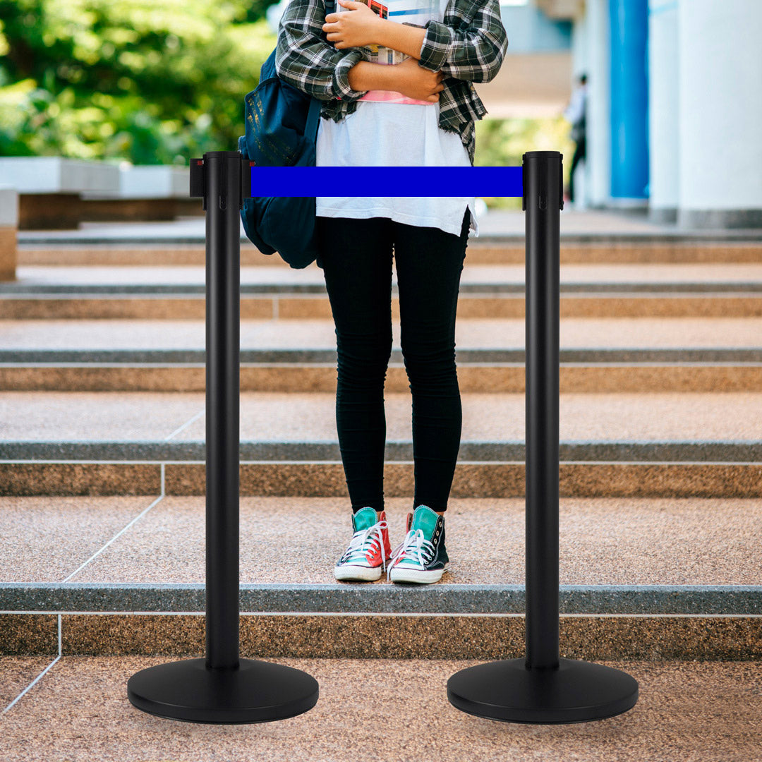2 Colonnine Tendinastro 3 metri in Metallo Nero Opaco Ø36x101 cm Nastro Blu