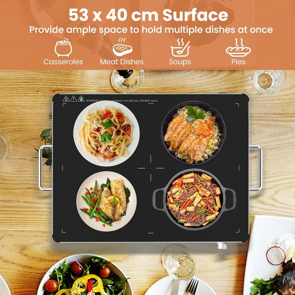 Vassoio Scaldavivande Elettrico 400 W, Scalda Vivande Temperatura Regolabile 30-120℃, Vassoio 53 X 40 CM, con Maniglia Cool-Touch, Superficie in Vetro Temperato, per Famiglia, Feste, Picnic
