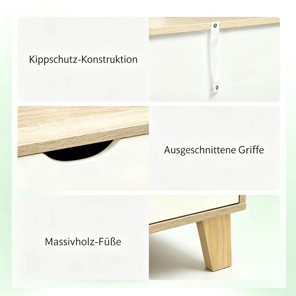 Comò contenitore bianco e rovere 120x40x76 cm con 6 cassetti e gambe in legno