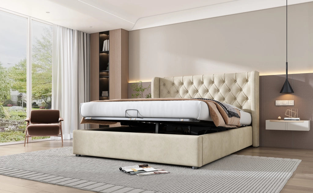 DESMIU Letto contenitore 140 × 200 cm 2 posti con apertura idraulica e senza materasso, in velluto, beige