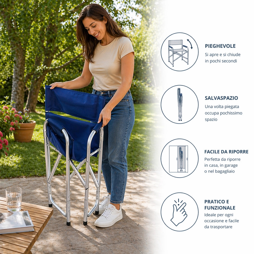 Sedia Regista Struttura in Alluminio Rivestimento Tessuto Oxford Blu 57x48x78cm