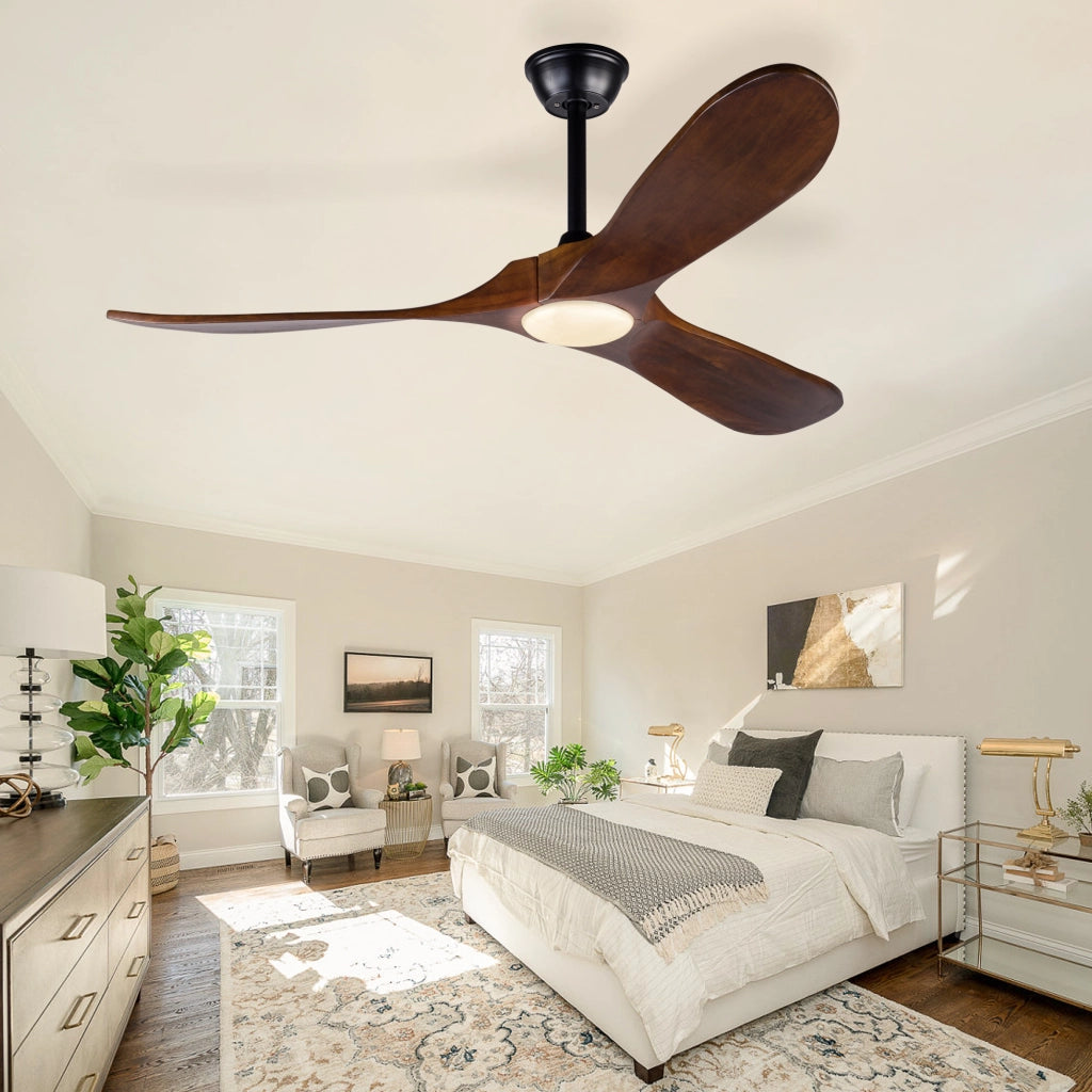 Ventilatore da soffitto 52 pollici con luce, 3 pale legno massello, 3CCT, motore DC silenzioso reversibile, telecomando, moderno