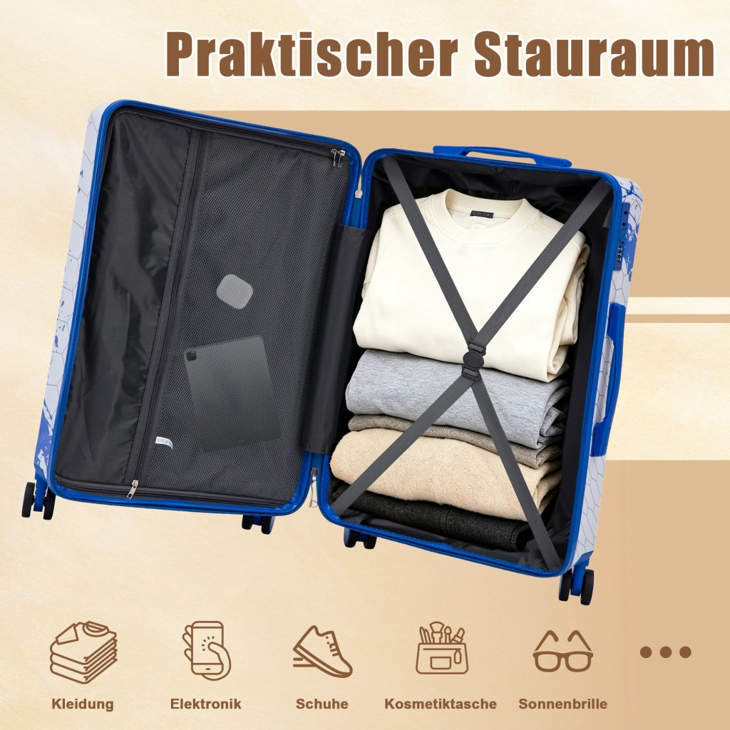Set Valigie Rigide 3 Pezzi in PC con Stampa a Macchie e Lucchetto a Combinazione, Blu - 20", 24", 28"