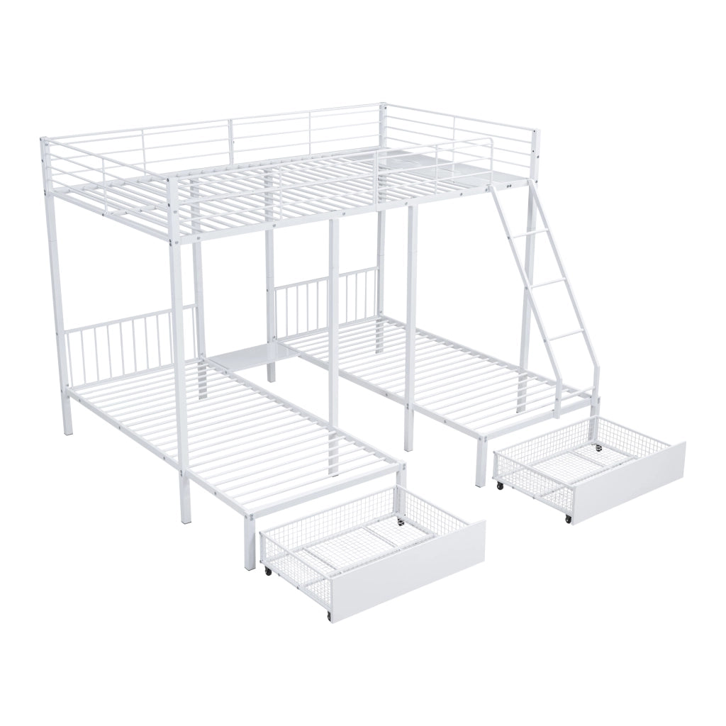 OKWISH Letto a Castello 140×200 cm e 90×200 cm, Letto 3 Posti con 2 Cassetti, Convertibile e Sponde, senza Materasso, Bianco