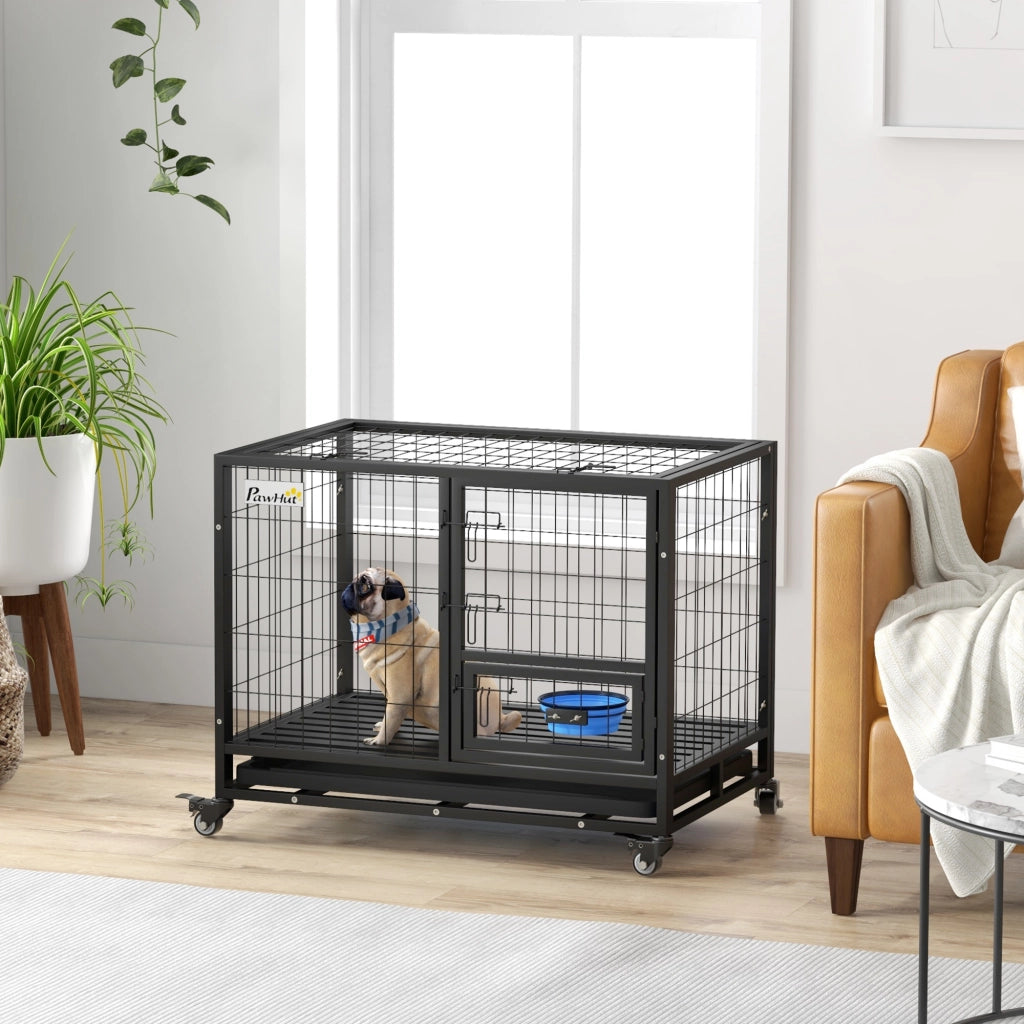Gabbia per Cani con Ciotola e Vassoio Estraibile ¨C zephmum ¨C 92x62x73 cm Nero