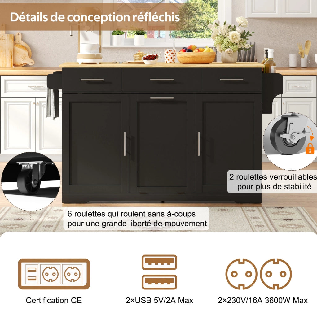 Isola da cucina mobile 136 x 75 x 92 cm in MDF nero e naturale; con prese integrate e 3 cassetti