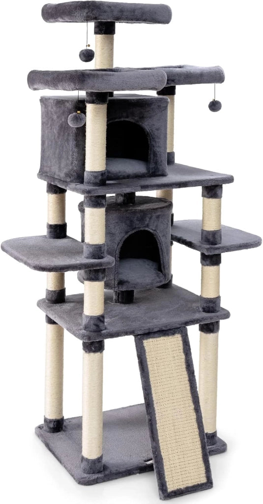 Tiragraffi per Gatti Adulti, Tiragraffi per Gatti con Cuccia, Piattaforma, Cuscini e Tiragraffi, Albero Tiragraffi per Gatti Grandi Alto in Legno, 60 x 50 x 170 cm