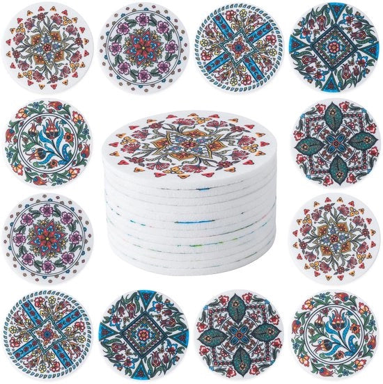 12 pacchi di sottopanchine da tavolo, sottopanchine per bicchieri, sottopanchine per salotto, sottopanchine assorbenti per decorazione cucina e sala da pranzo, diametro 10 cm, disegno a motivi turchi