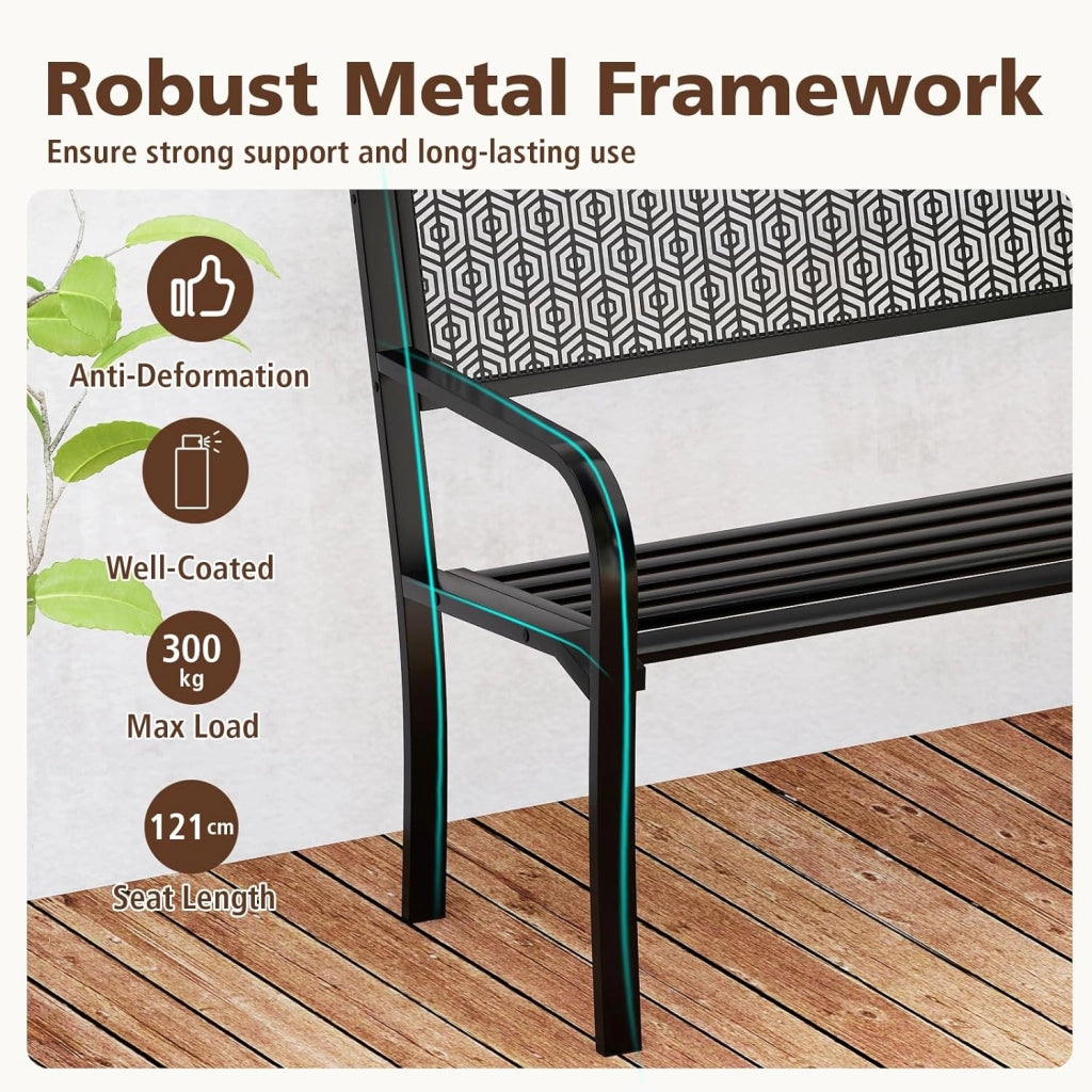 Panca da giardino per 2-3 persone, panca da parco con schienale alto e braccioli, sedia in metallo con carico di 300 kg, poltrona per terrazza, balcone, 128 x 60 x 86 cm (Nero)