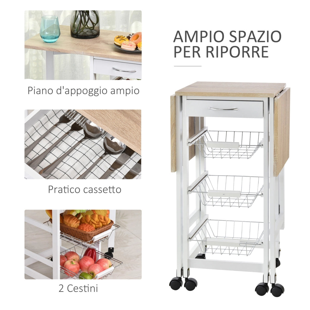Easycomfort Carrello Portavivande Pieghevole a 6 Ruote con 3 Cestini, Cassetto e 2 Ribalte, Carrellino per Cucina in MDF e Metallo, 37x37x77.5 cm, Bianco e Legno
