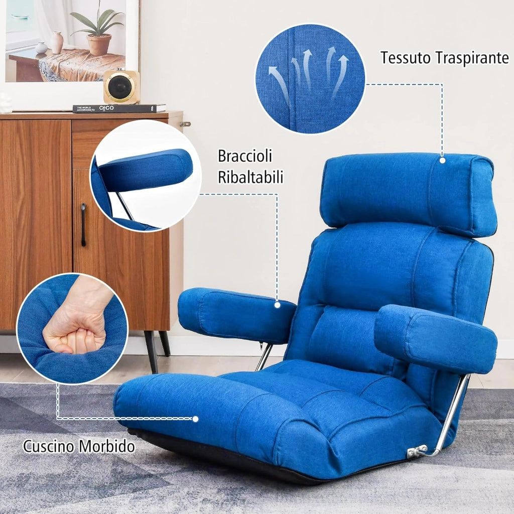 Sedia Divano Pieghevole, Poltrona Letto Singolo con Schienale Regolabile, Poggiatesta Lombare e Poggiapiedi Regolabile a 6 Posizioni, 80 x 72 x 75 cm (Blu)