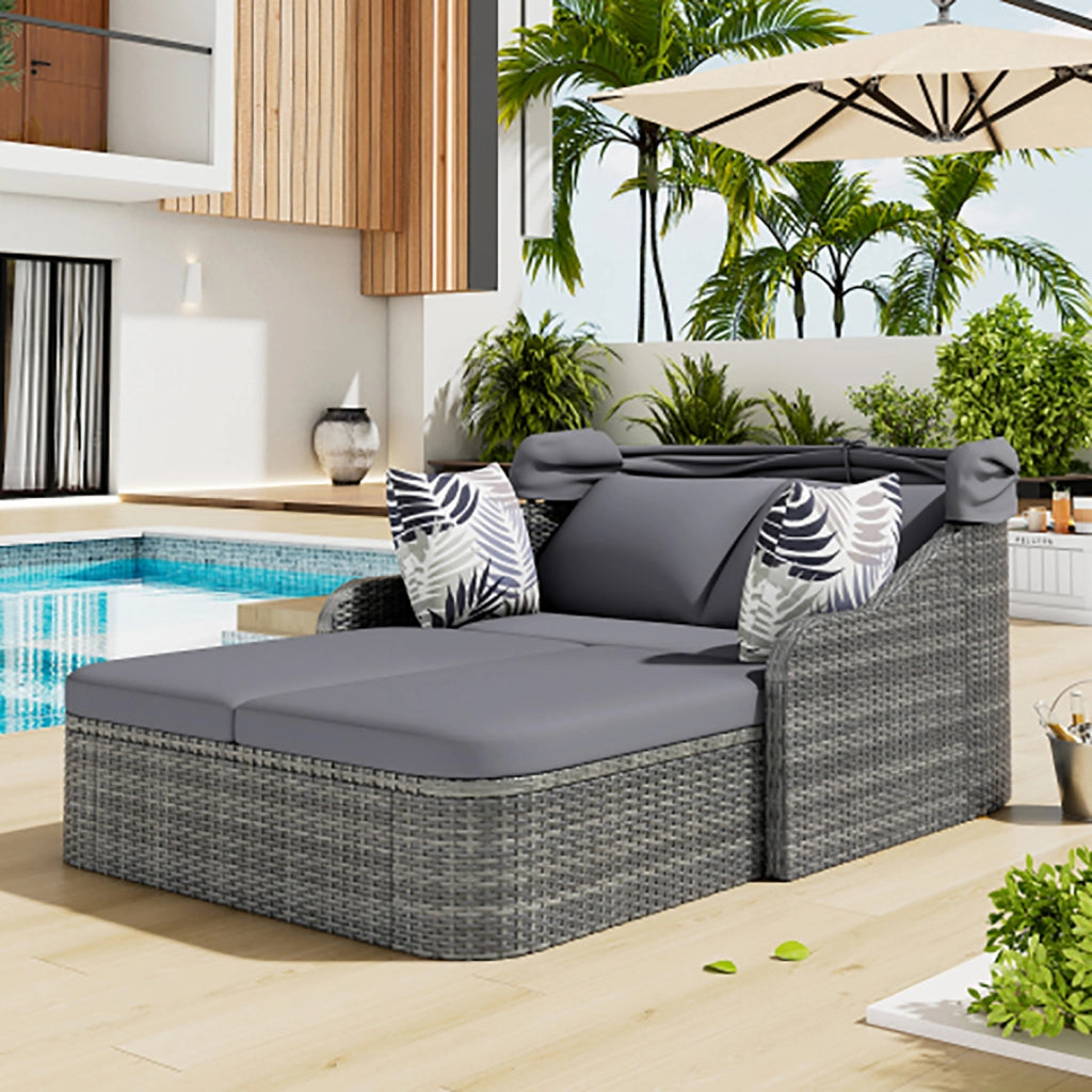 Canap?? da giardino in rattan PE - Xylo - con baldaquin regolabile, 4 cuscini e copricuscino grigio