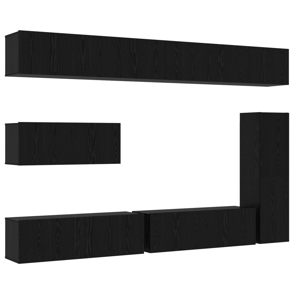 Set di mobili TV da 7 pezzi montato a parete in rovere nero in legno ingegnerizzato