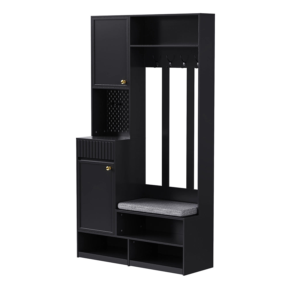 Armadio d'ingresso con panca - Xylo - 100??180??35 cm - Nero - 4 ganci, porte e cassetti