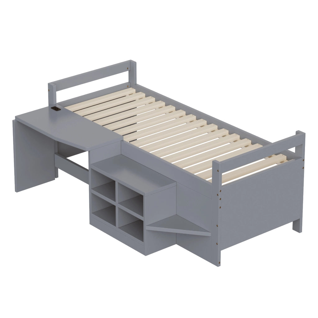 LETTO Multifunzione 90x200 cm Grigio in legno con scrivania, vani contenitori e prese