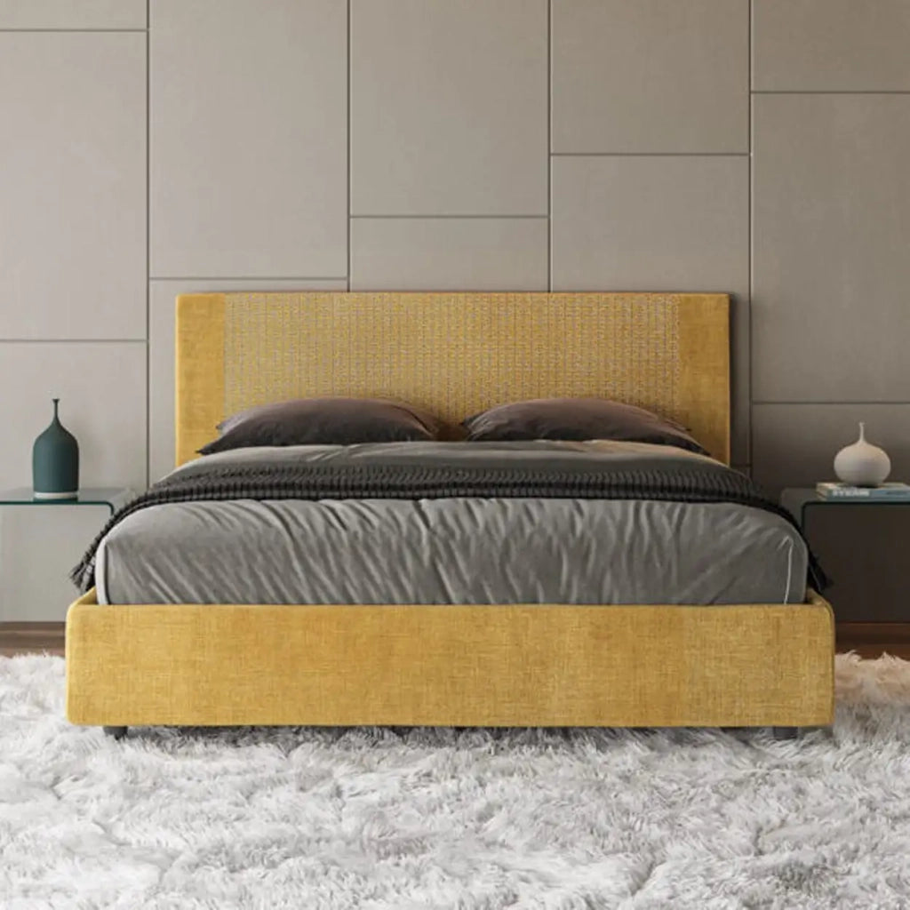 Letto matrimoniale contenitore imbottito 160x210 tessuto Labirinto 6 giallo Rosal