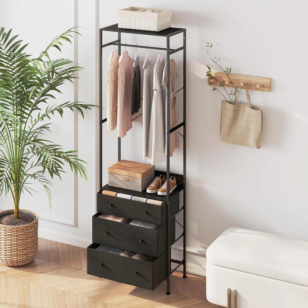 Appendiabiti con Cassetti in Tessuto, Armadio Autoportante con Asta Appendiabiti a 3 Posizioni e Ripiani di Stoccaggio, Ideale per Ingresso Camera da Letto, 55x28x176 cm (Nero)
