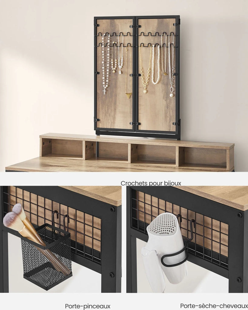 Set da toeletta con sgabello 40 x 90 x 141 cm imbottito con triplo specchio 3 cassetti portaphon e contenitore portaoggetti. Stile industriale marrone rustico e nero. 12_0005420