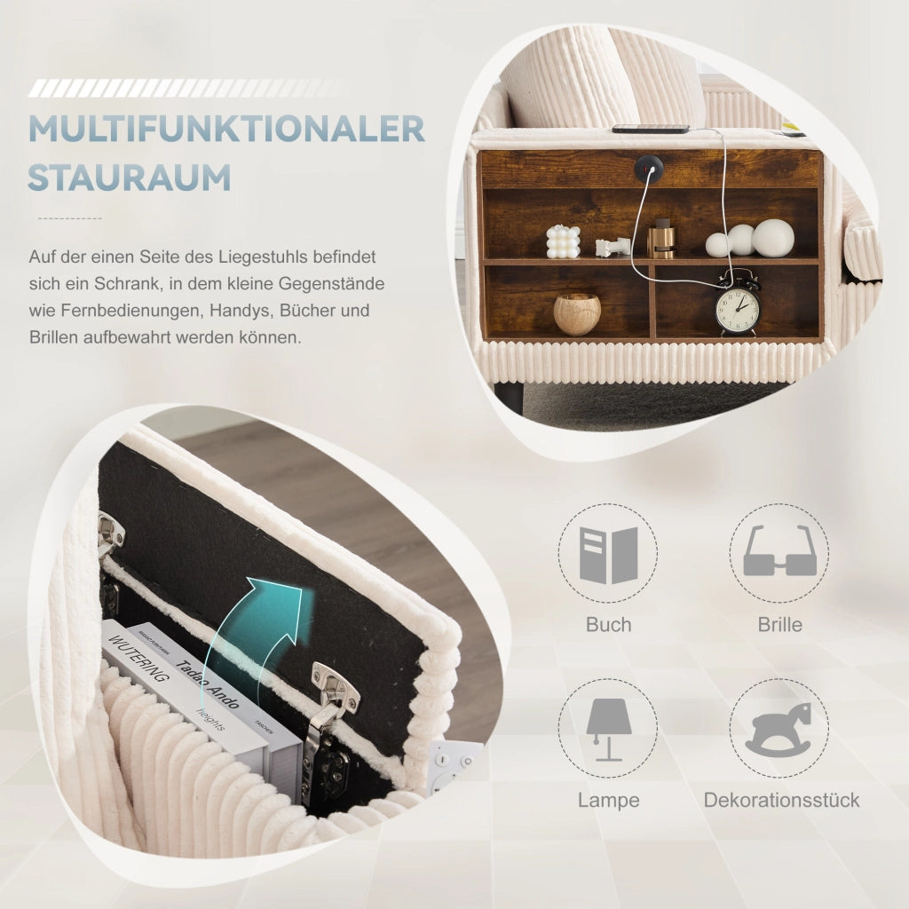 Chaise longue con vano portaoggetti USB LED portabicchieri e cuscini in velluto a coste beige 129 × 170 × 70 cm