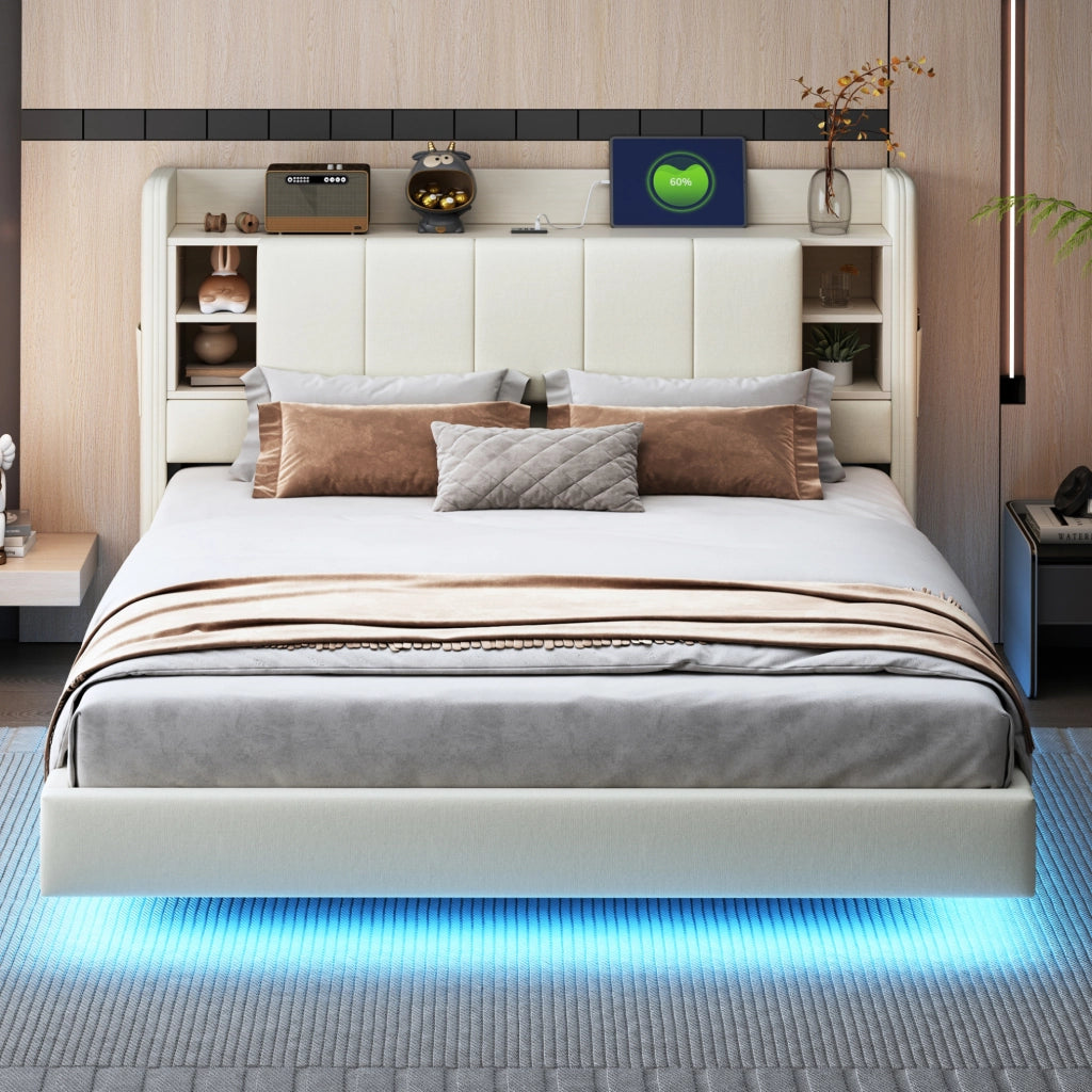 Letto imbottito 160x200 cm con LED; USB e vani portaoggetti in lino beige