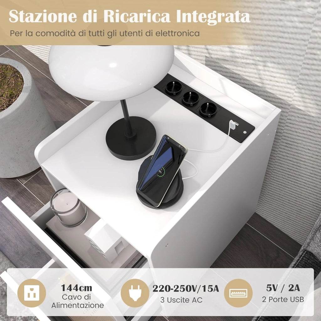 Comodino con Stazione di Ricarica, Comodino con 2 Cassetti, 2 Porte USB e 3 Prese, Tavolino Leterale con Gambe in Metallo, Portata Tolate 20 kg, 32 x 40 x 60 cm (2, Bianco)