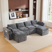 Divano modulare 4 posti con tasche laterali e cuscini in tessuto chenille grigio scuro per salotto 322 × 161 × 75 cm