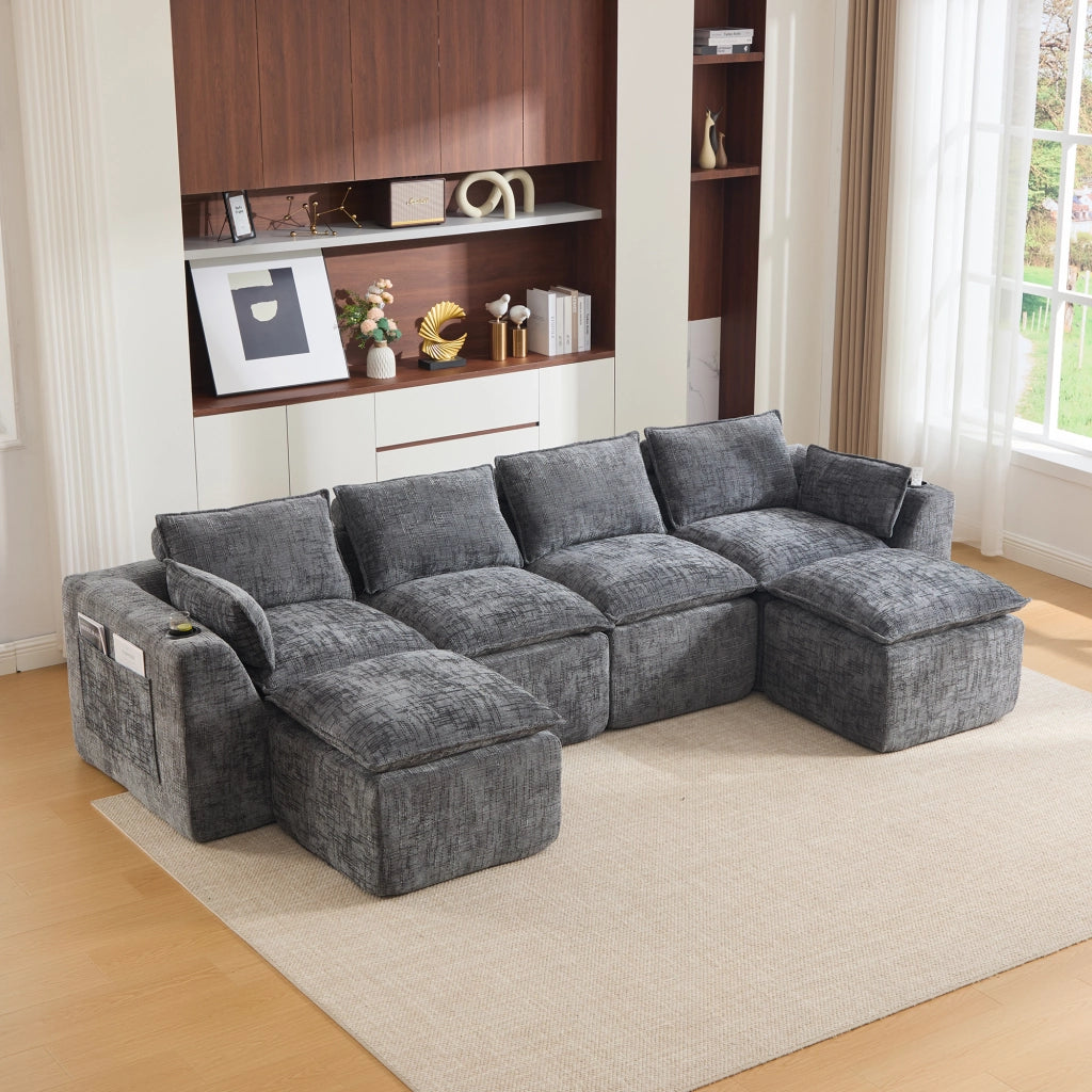 Divano modulare 4 posti con tasche laterali e cuscini in tessuto chenille grigio scuro per salotto 322 × 161 × 75 cm