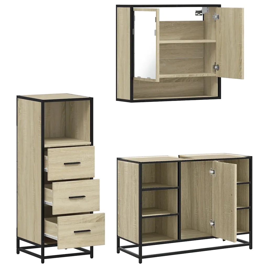 Set Mobili da Bagno | Armadio da bagno 3 pz Rovere Sonoma in Legno Multistrato