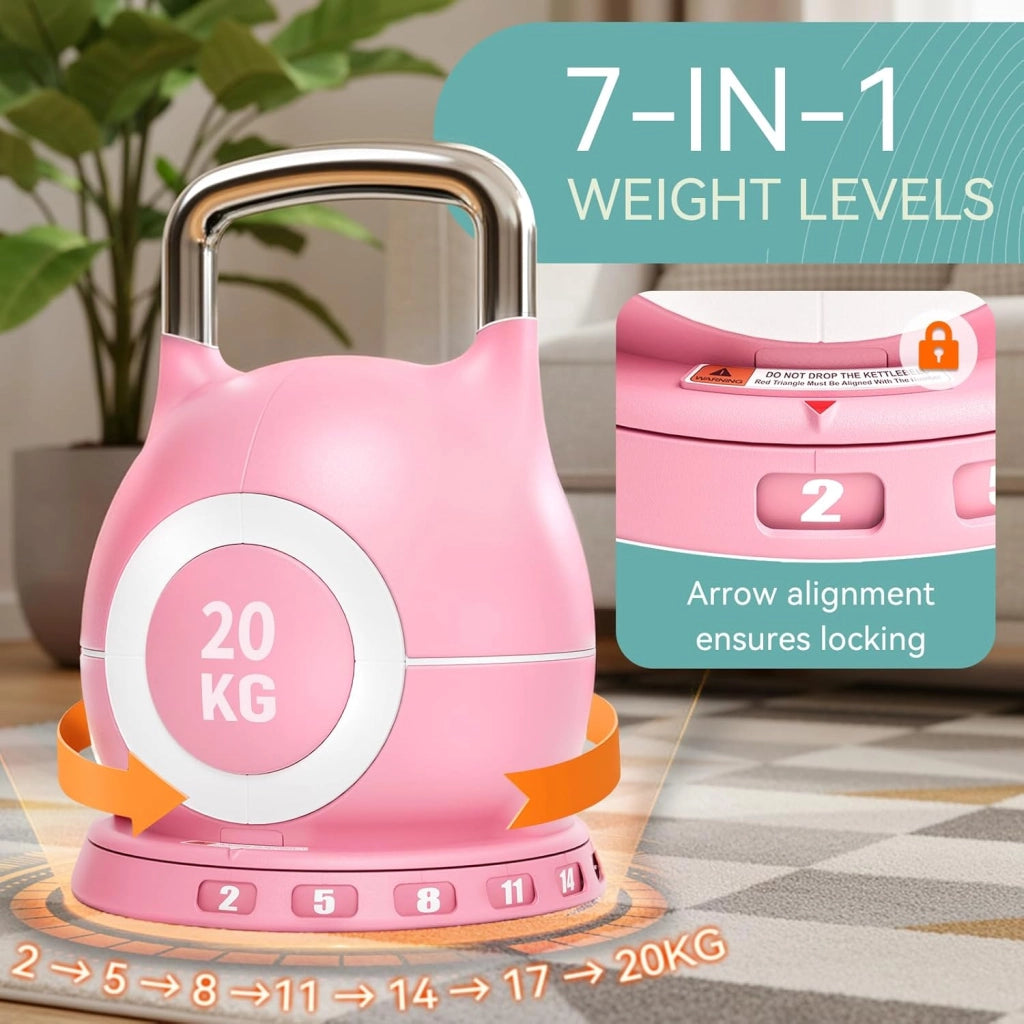 Kettlebell Regolabile 7 in 1, 20 kg Kettlebell con 7 Livelli di Peso, Manubrio per Allenamento a Casa & Fitness, Ideale per Allenamento Completo del Corpo, Compatto & Salvaspazio (Nero, 20KG)