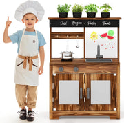 Cucina Giocattolo da Giardino con Lavagna, Cucina in Legno di Abete per Bambini con 4 Vasi da Giardinaggio, Fornelli 4 Accessori per Cucinare, 68 x 35 x 97 cm
