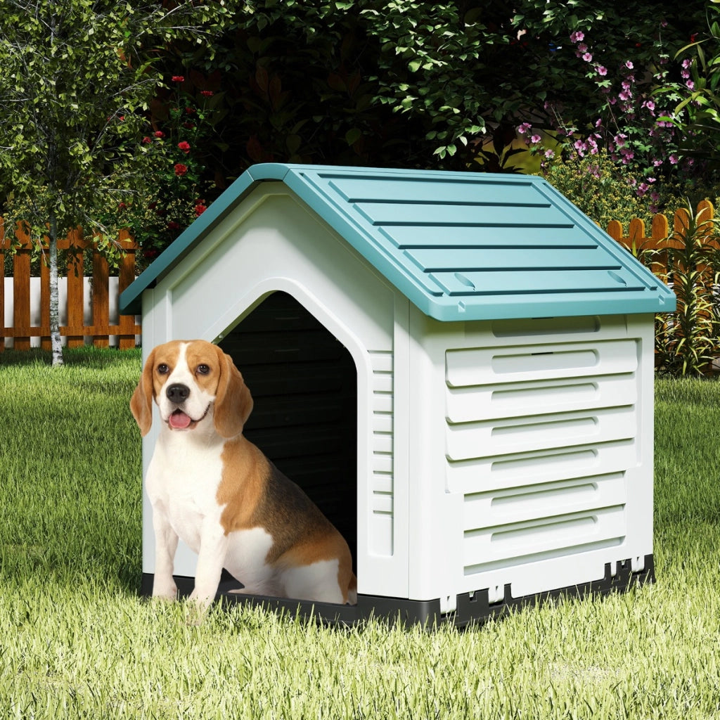 Rifugio per animali domestici da interno ed esterno con porta, Casa per cani in plastica in metallo bloccabile Blu scuro-Casette e lettini