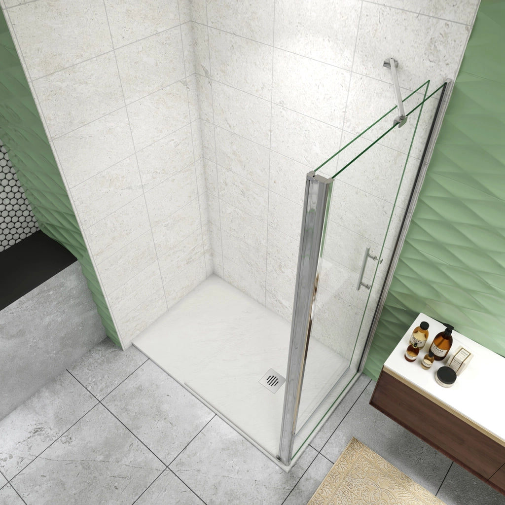 195 cm Box Doccia Walk In Porta Battente 73 cm + Parete Fissa 90 cm Vetro 6mm Anticalcare Barra da 45 cm Cromo Lucido