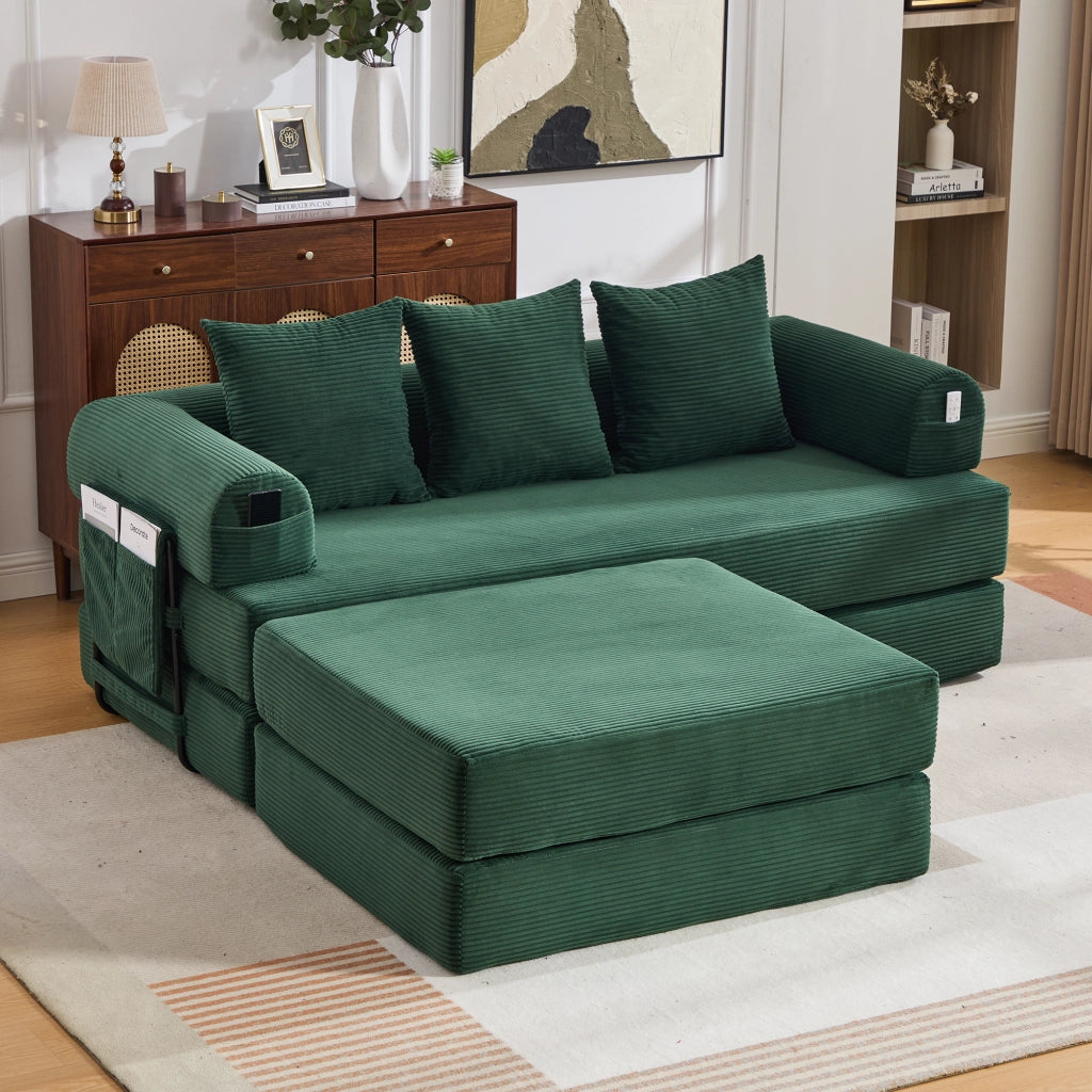 Divano modulare in corduroy con pouf, struttura in metallo, tasca laterale e 3 cuscini – Verde smeraldo