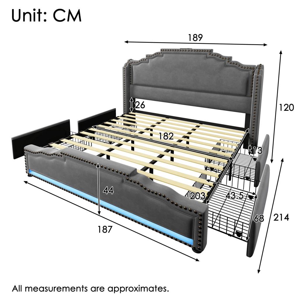 Letto matrimoniale 180x200 cm con 4 cassetti; LED; USB e Type-C; velluto grigio