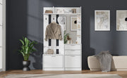Mobile da ingresso con asta; specchio; 2 cassetti; 2 scarpiere a ribalta e 3 ganci; MDF; bianco; 110x34x185 cm