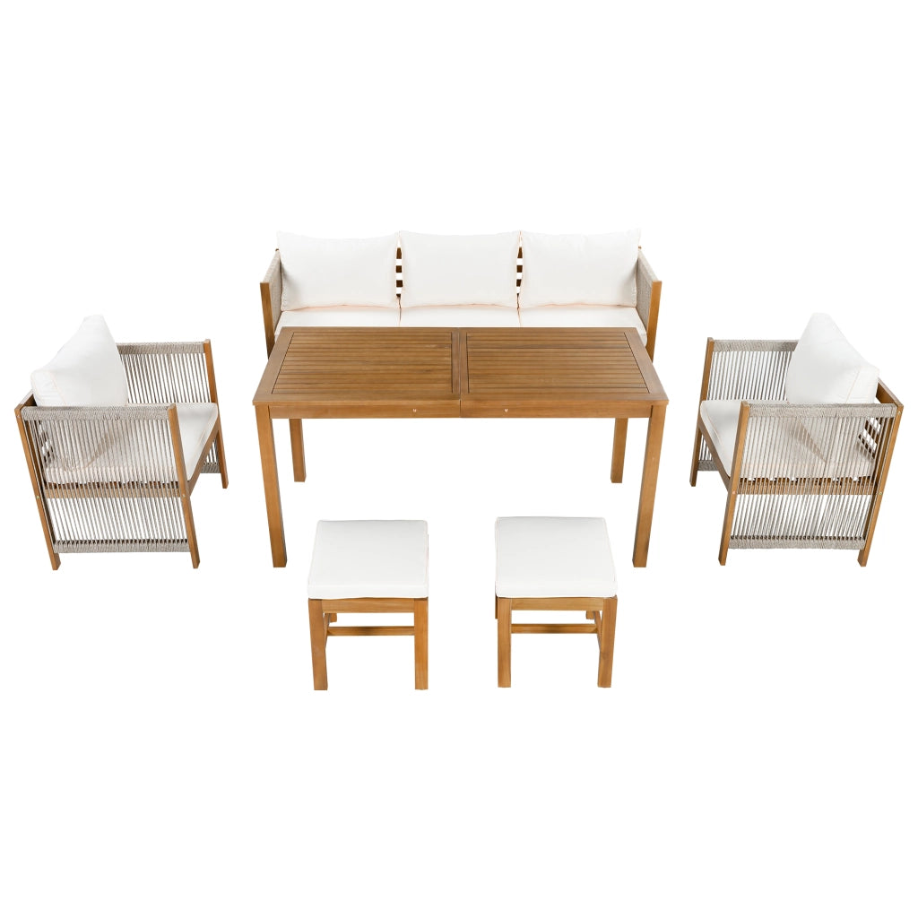 Set Salotto da Giardino 6 Pezzi con Divano, 2 Poltrone, 2 Pouf e Tavolo ¨C MINIMAL ¨C Acacia, Beige