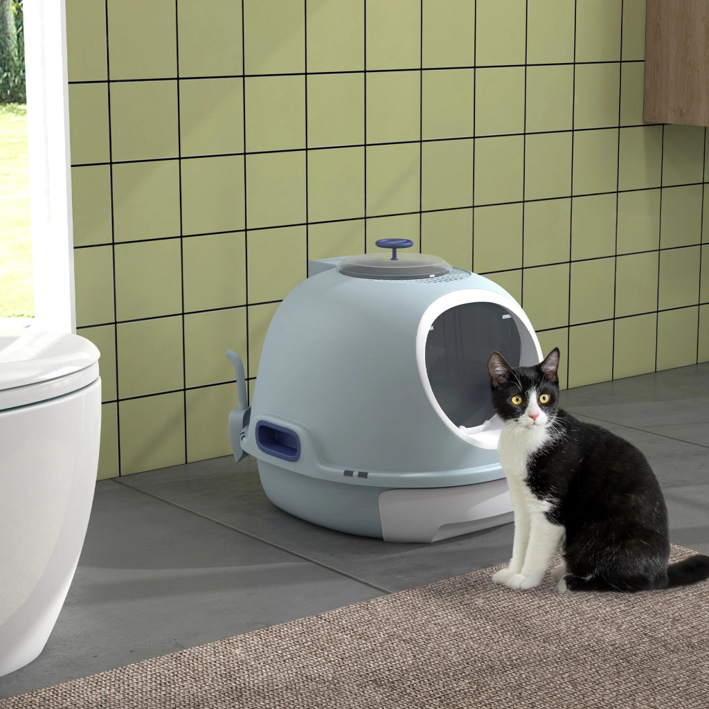 Lettiera per Gatti Chiusa con Vassoio Estraibile, 2 Ingressi e Paletta, 47x55x44 cm, Azzurro