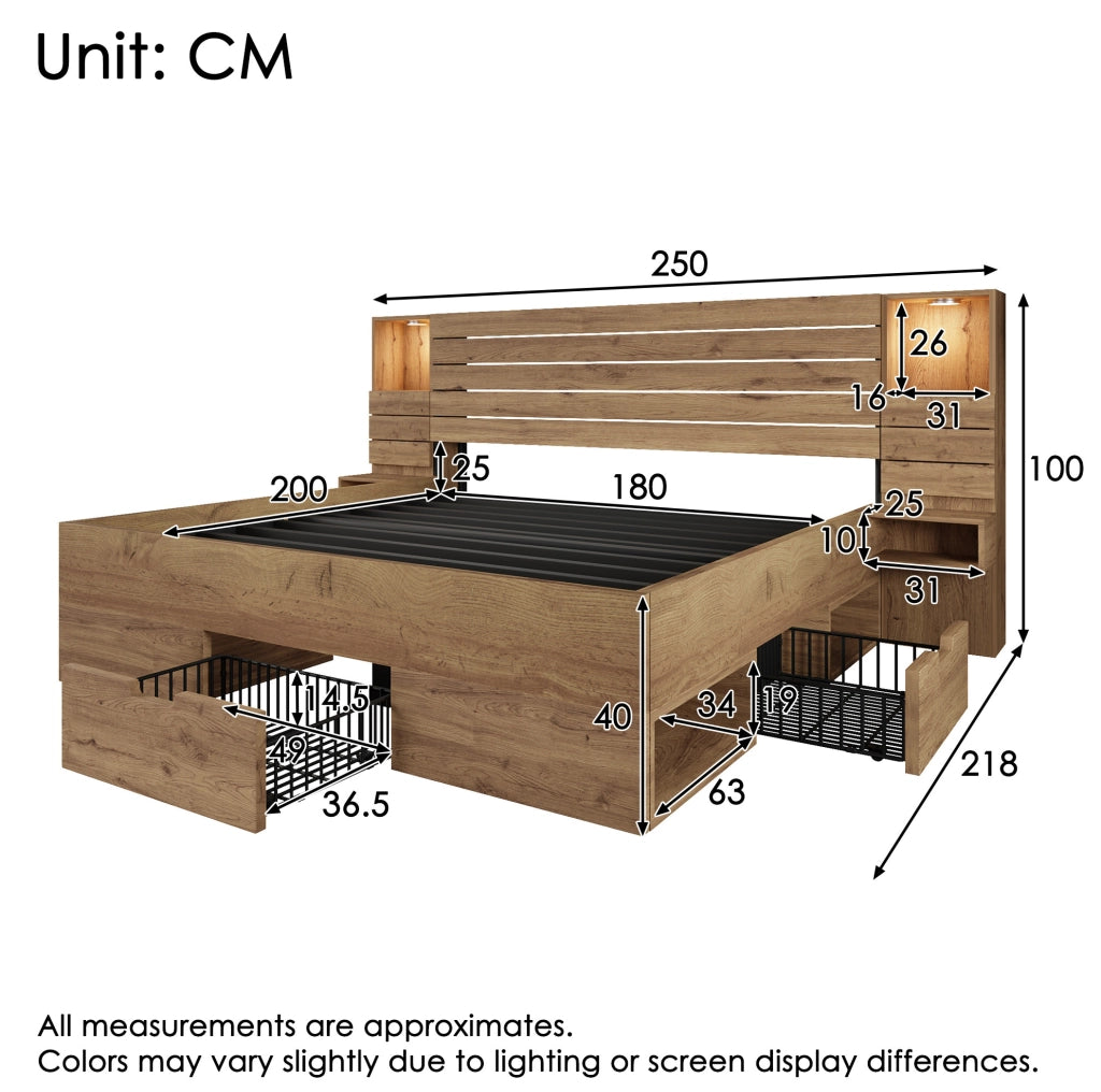 Letto matrimoniale 180x200 cm con LED; porte USB e Type-C; contenitore; effetto rovere