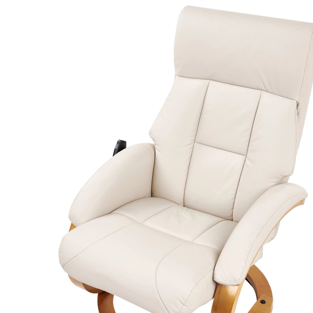 Sedia reclinabile ecopelle beige chiaro con poggiapiedi massaggiante struttura in legno schienale regolabile