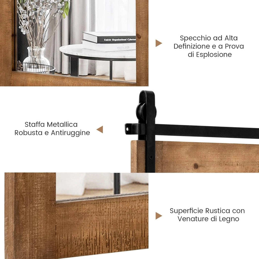 Specchio da Parete 76,5 x 56 cm, Specchio Rettangolare con Cornice in Legno e Staffa in Metallo, Specchio da Bagno Corridoio Soggiorno, Bianco (Marrone)