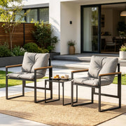Set da balcone 3 pezzi con tavolino in vetro temperato; nero e grigio