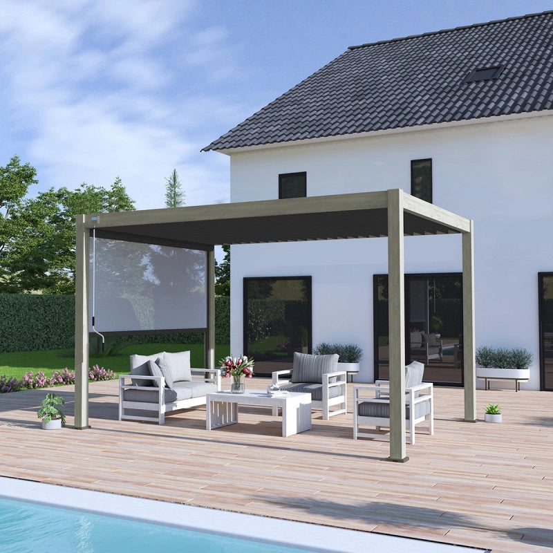 Pergola bioclimatica autoportante OMBREA - 3x4m - Effetto legno con lamelle grigie