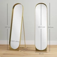 Specchio da Terra Moderno con Telaio in Metallo Autoportante o da Parete, 40x150 cm, Oro